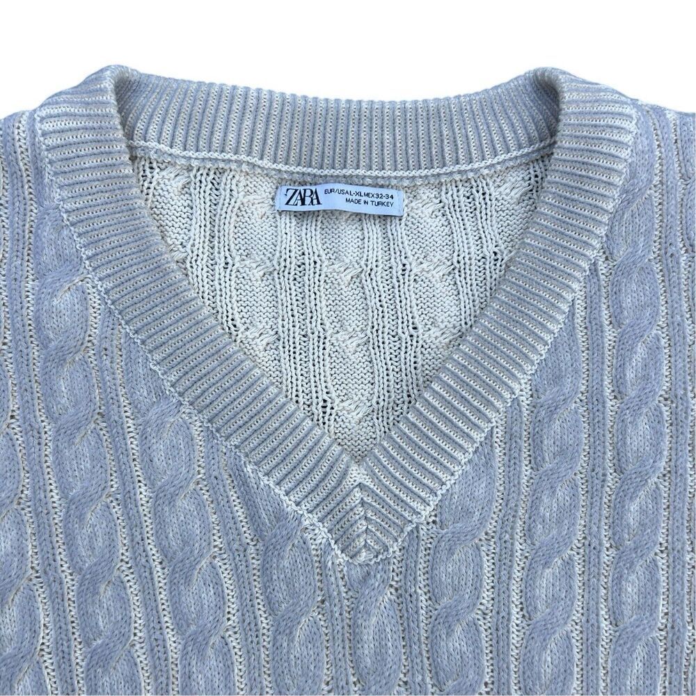 Zara Cable Knit Sleeveless V-Neck Cardigan Sweater Vest Men's Size L Light Blue - Picture 3 of 5